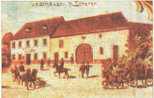 Alte Postkarte des Gasthauses Scherer - heute Haus am Mhlenpfad